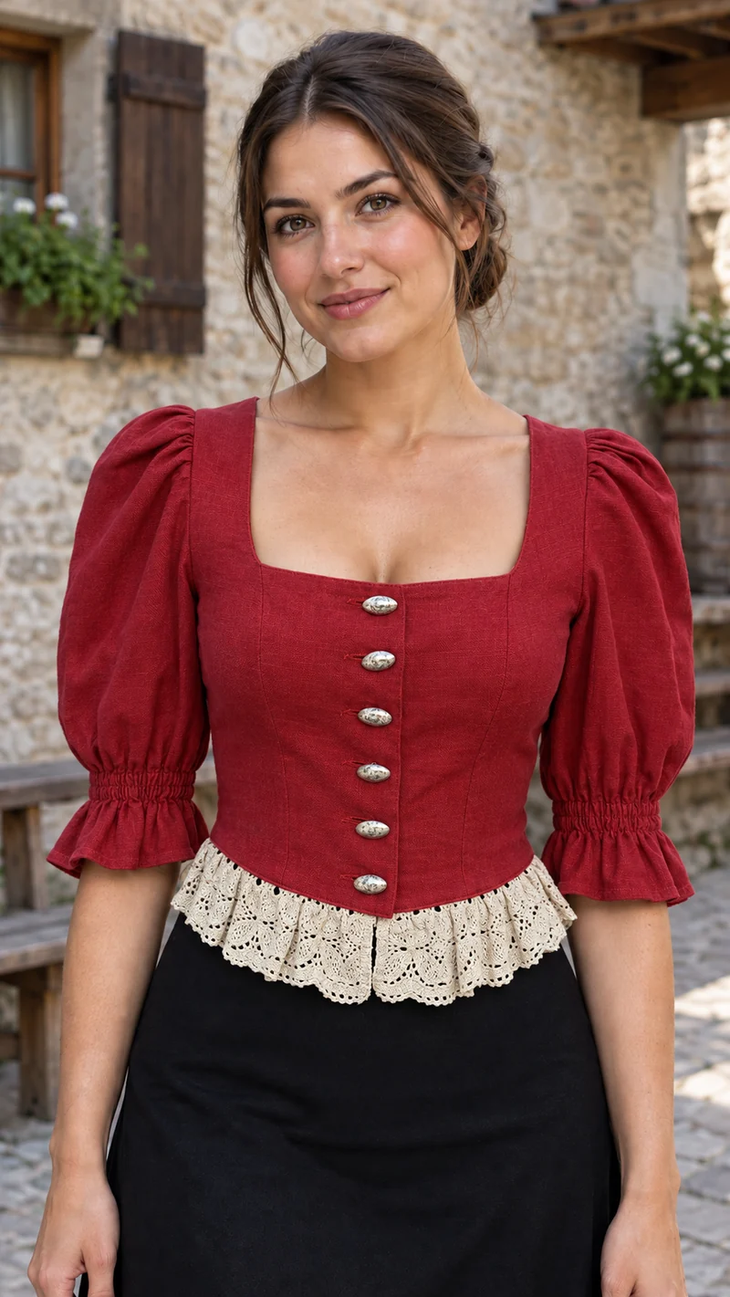 Vintage Trachtenoberteil mit Spitze – Rot, Größe 34