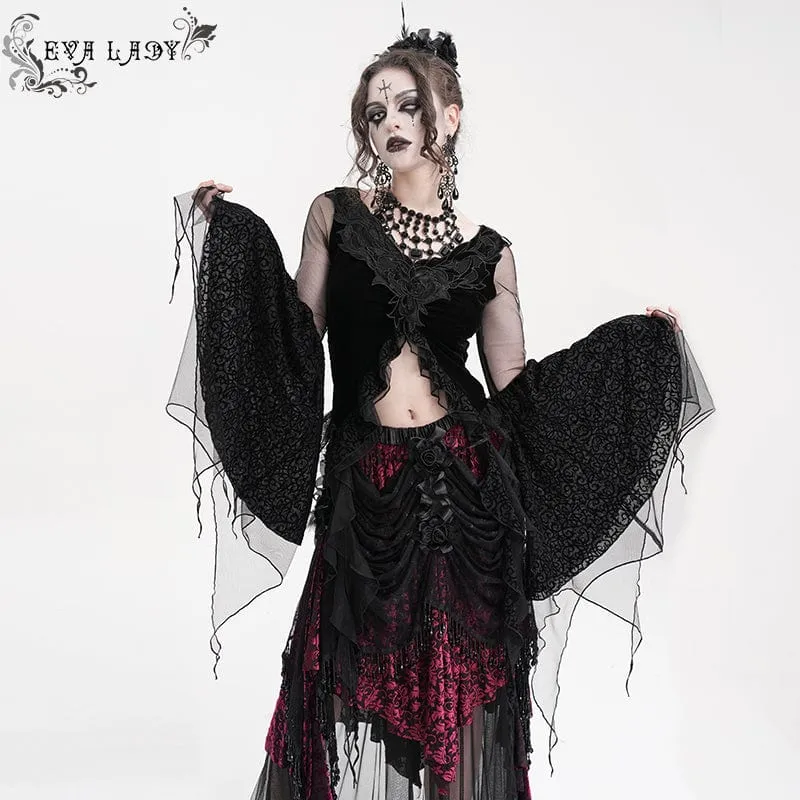 Gothic-Crop-Top aus zerrissenem Netzstoff für Damen mit langen Ärmeln