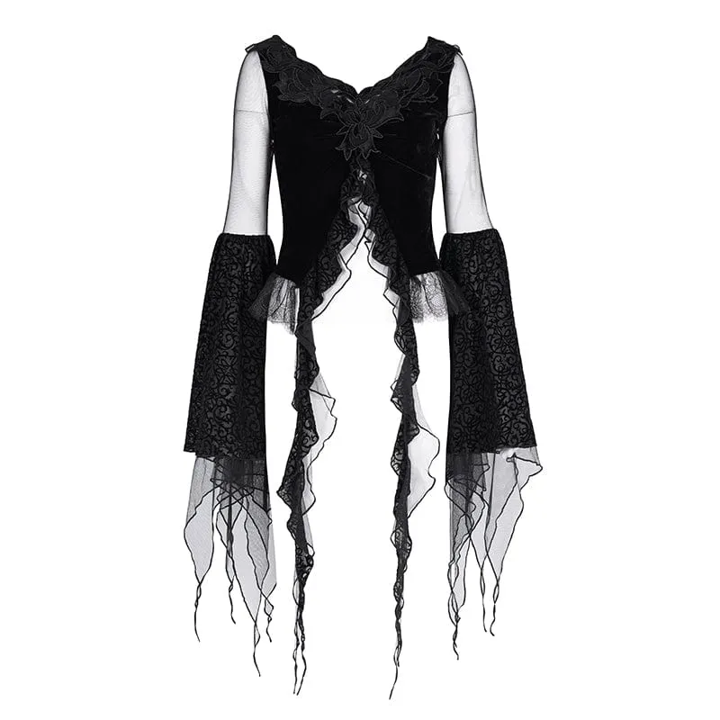 Gothic-Crop-Top aus zerrissenem Netzstoff für Damen mit langen Ärmeln