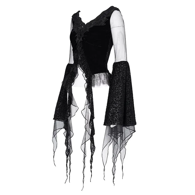 Gothic-Crop-Top aus zerrissenem Netzstoff für Damen mit langen Ärmeln
