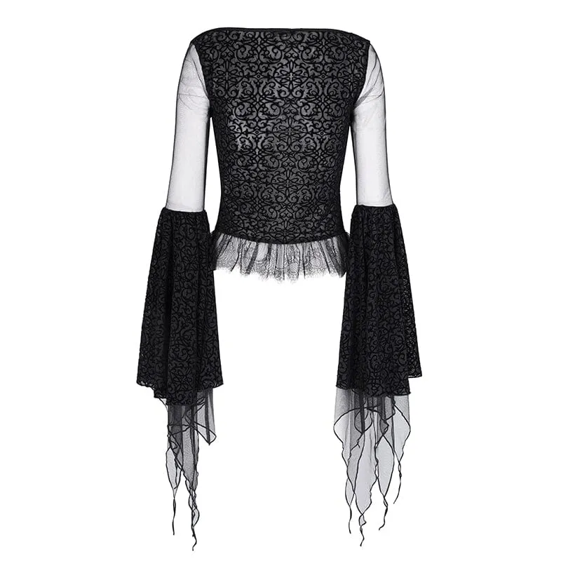 Gothic-Crop-Top aus zerrissenem Netzstoff für Damen mit langen Ärmeln