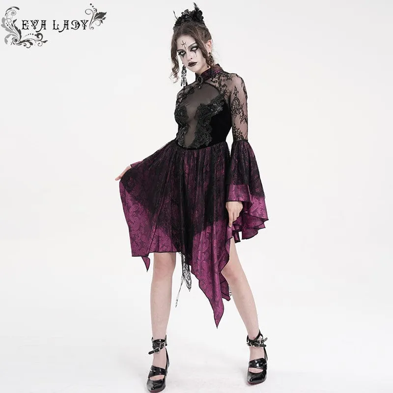 Damen Gothic Lace Schnürkleid Langarmkleid Schwarz Lila