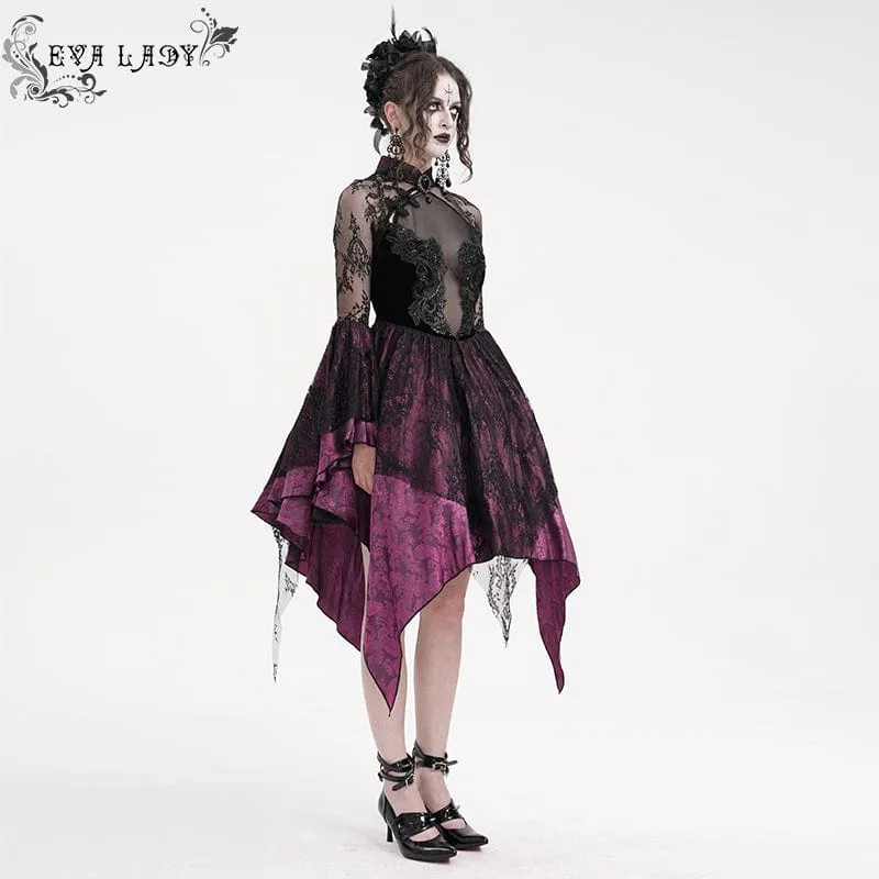 Damen Gothic Lace Schnürkleid Langarmkleid Schwarz Lila