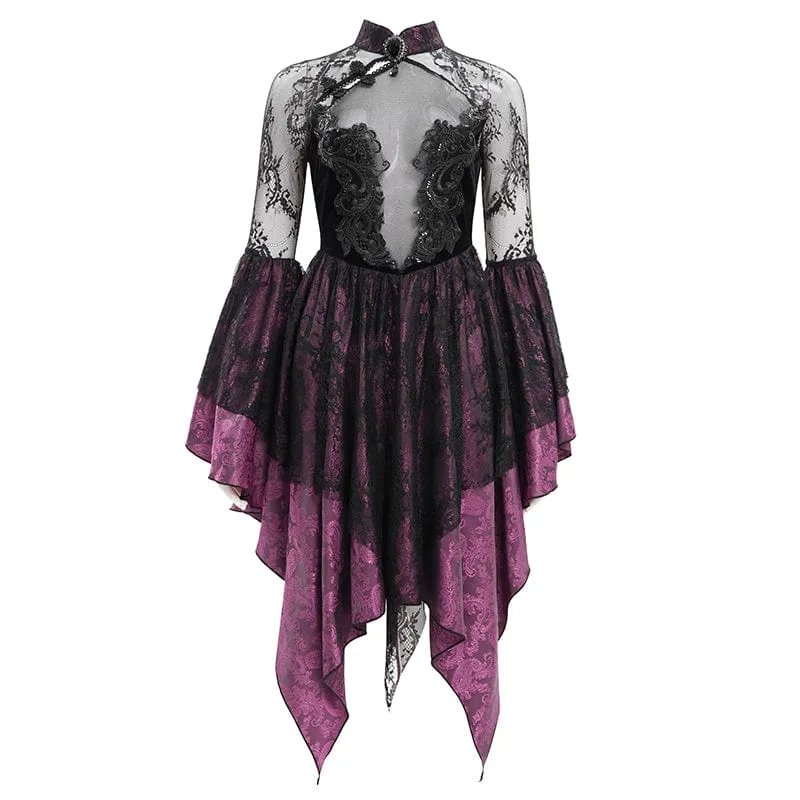 Damen Gothic Lace Schnürkleid Langarmkleid Schwarz Lila