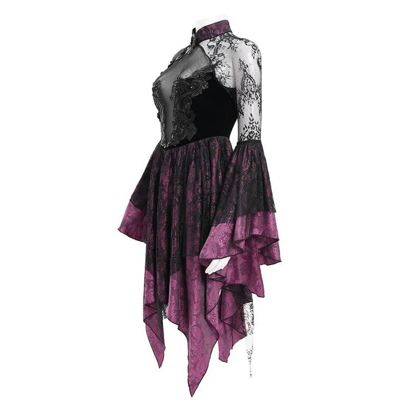Damen Gothic Lace Schnürkleid Langarmkleid Schwarz Lila