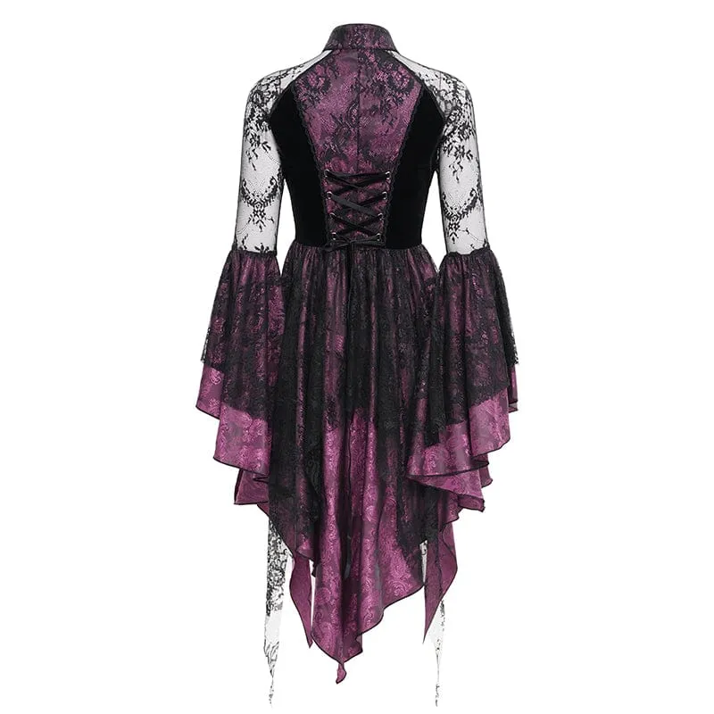 Damen Gothic Lace Schnürkleid Langarmkleid Schwarz Lila