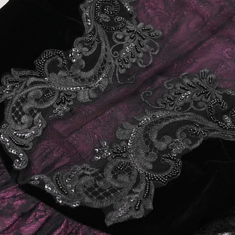Damen Gothic Lace Schnürkleid Langarmkleid Schwarz Lila