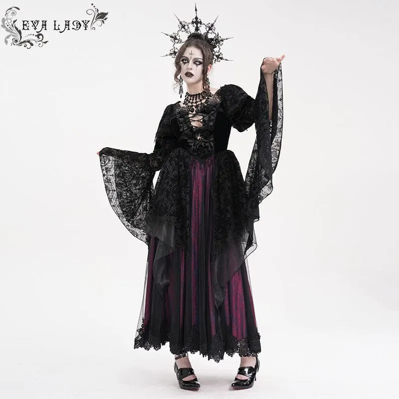 Damen Gothic Spitze Häkelkleid Langarm Brautkleid Schwarz Lila