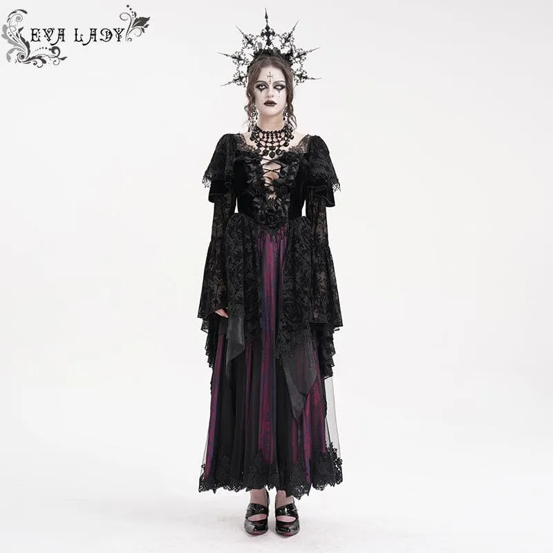Damen Gothic Spitze Häkelkleid Langarm Brautkleid Schwarz Lila