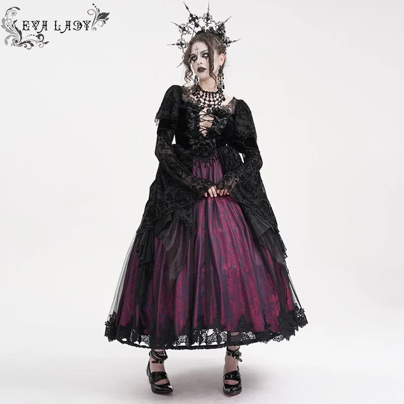 Damen Gothic Spitze Häkelkleid Langarm Brautkleid Schwarz Lila