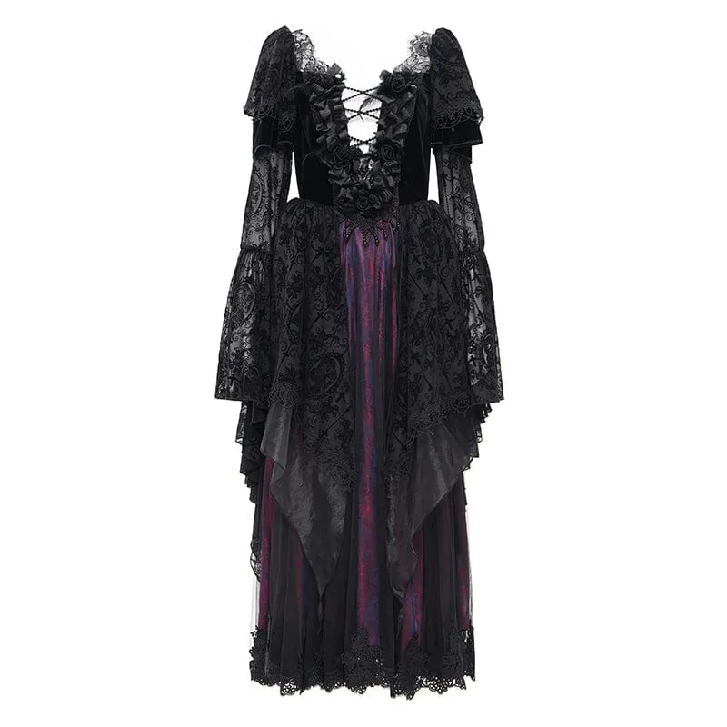 Damen Gothic Spitze Häkelkleid Langarm Brautkleid Schwarz Lila