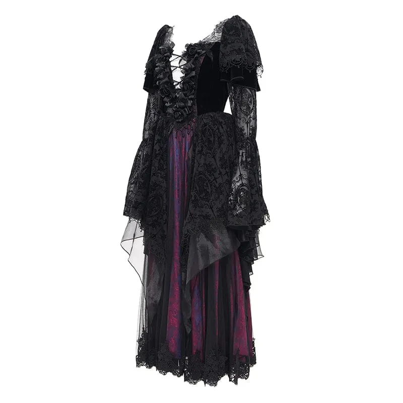 Damen Gothic Spitze Häkelkleid Langarm Brautkleid Schwarz Lila