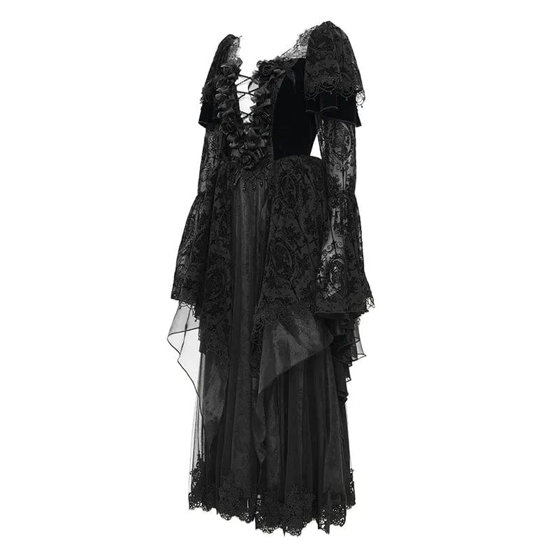 Damen Gothic Spitzen Häkelkleid Langarm Brautkleid
