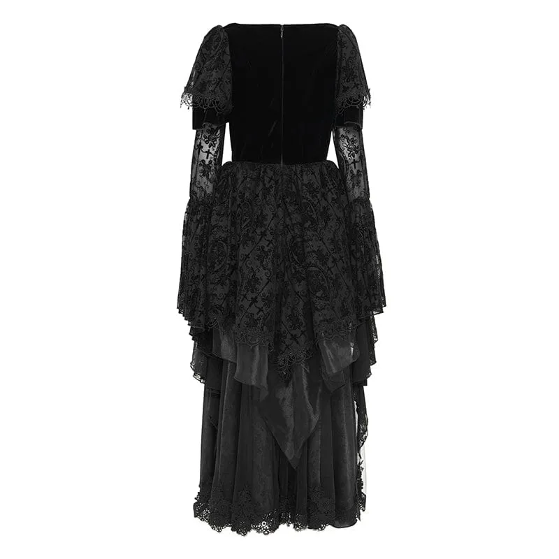 Damen Gothic Spitzen Häkelkleid Langarm Brautkleid