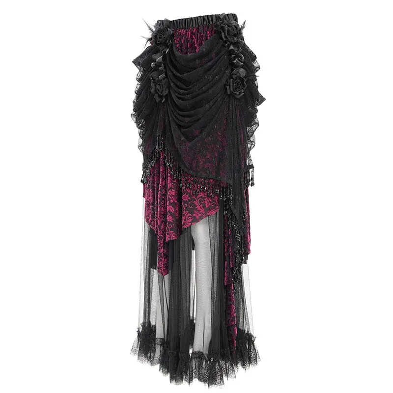 Damen Gothic Quasten Mesh Langer Rock Schwarz Lila