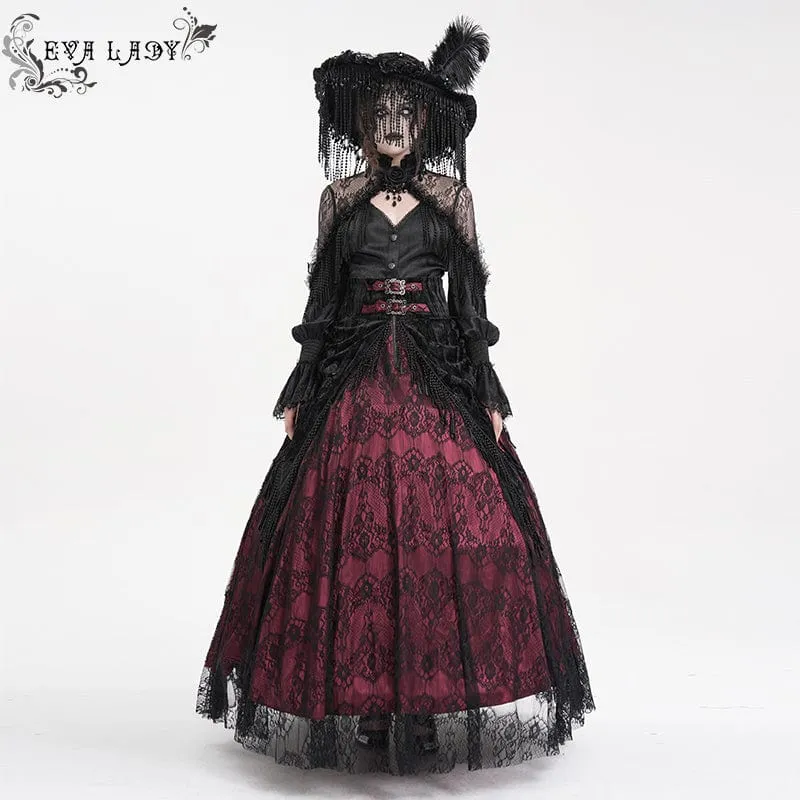 Damen Gothic Quasten Schnallen Langer Rock Schwarz Rot
