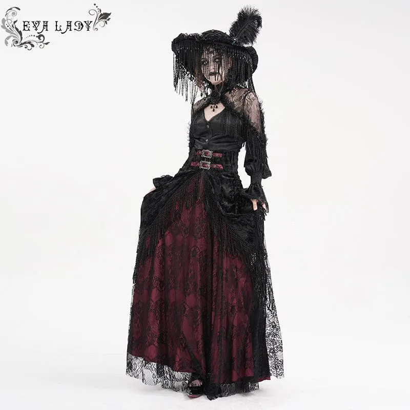 Damen Gothic Quasten Schnallen Langer Rock Schwarz Rot