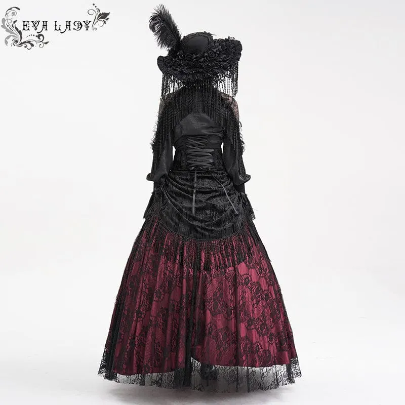 Damen Gothic Quasten Schnallen Langer Rock Schwarz Rot