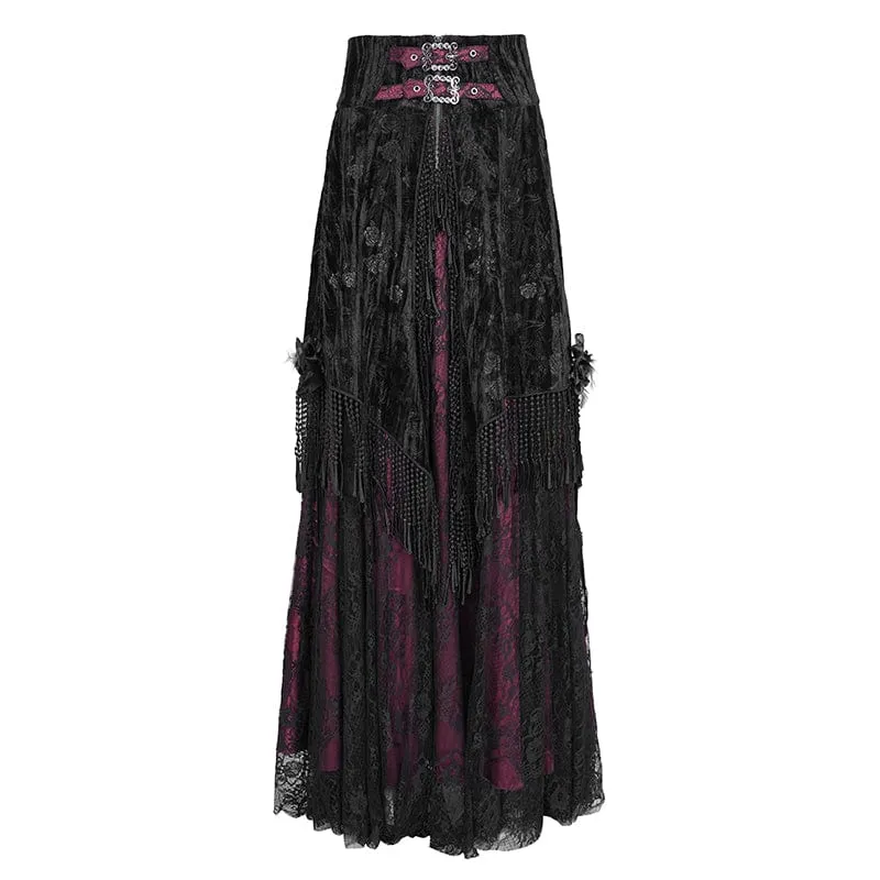 Damen Gothic Quasten Schnallen Langer Rock Schwarz Rot