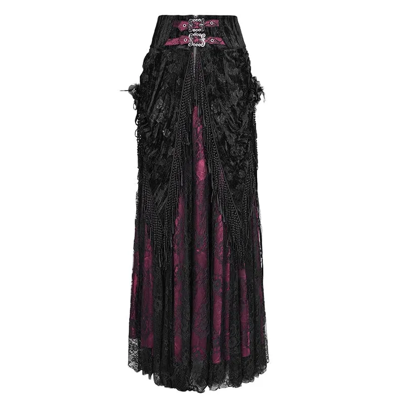 Damen Gothic Quasten Schnallen Langer Rock Schwarz Rot