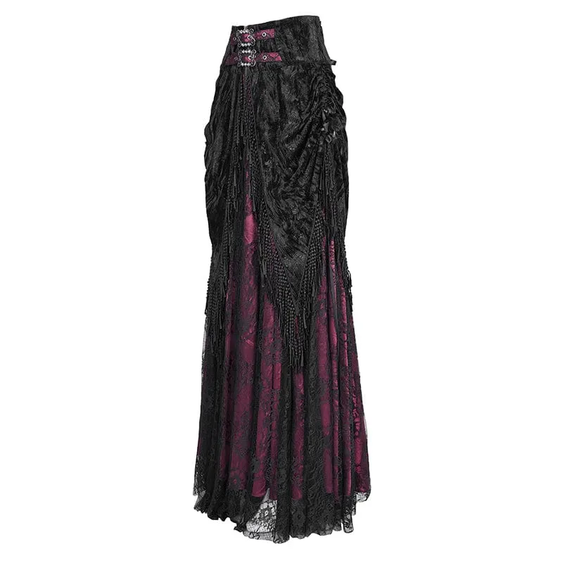 Damen Gothic Quasten Schnallen Langer Rock Schwarz Rot