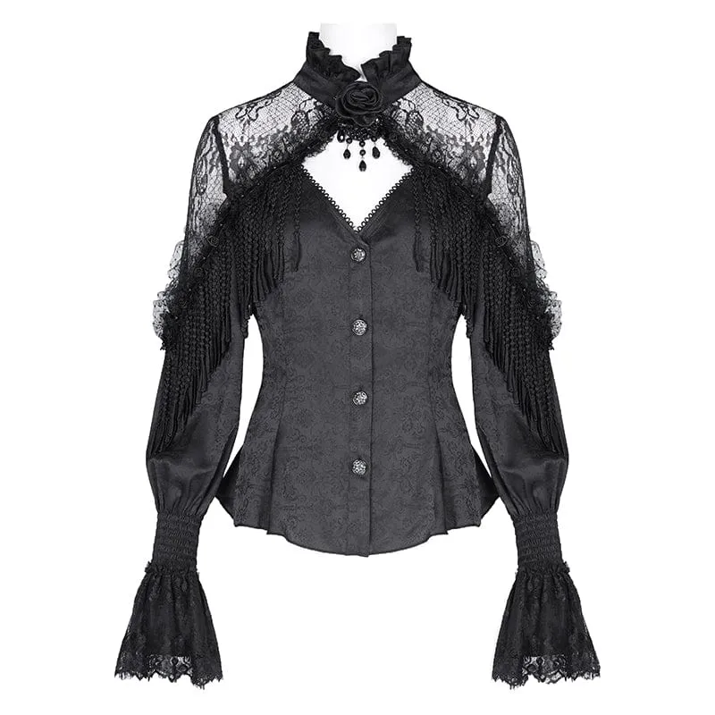 Gothic-Langarmshirt mit Quasten und Cut-Out für Damen