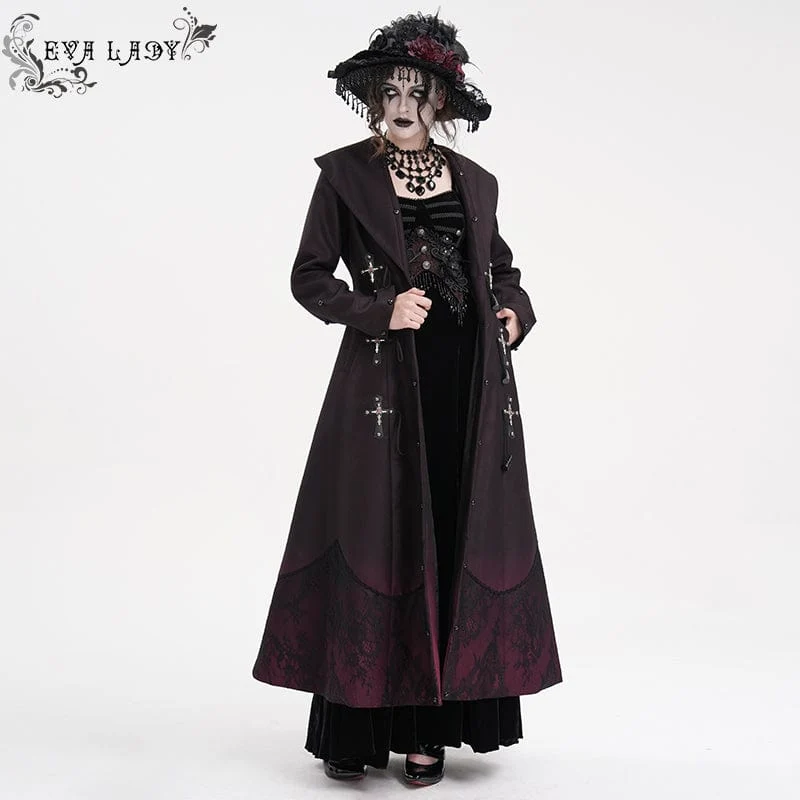 Damen Gothic Cross Lace Mantel Schwarz Rot