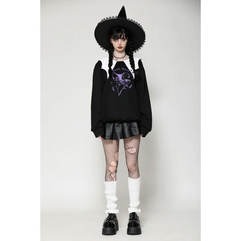 Damen Punk Batwing Sweatshirt Schwarz Weiß
