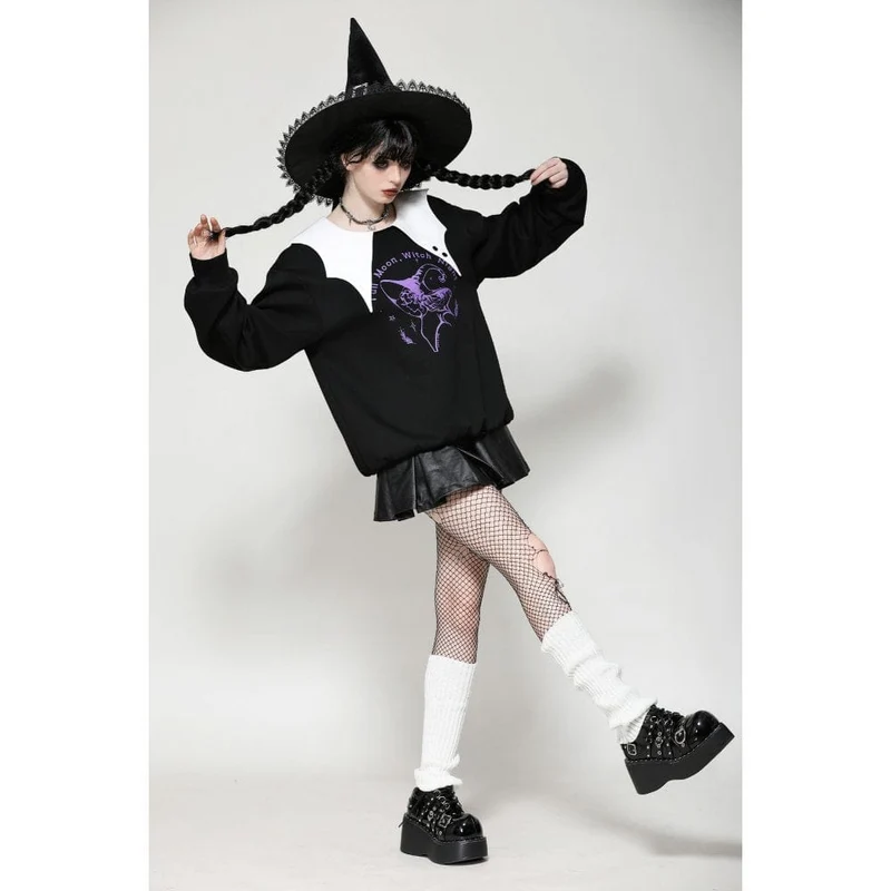 Damen Punk Batwing Sweatshirt Schwarz Weiß