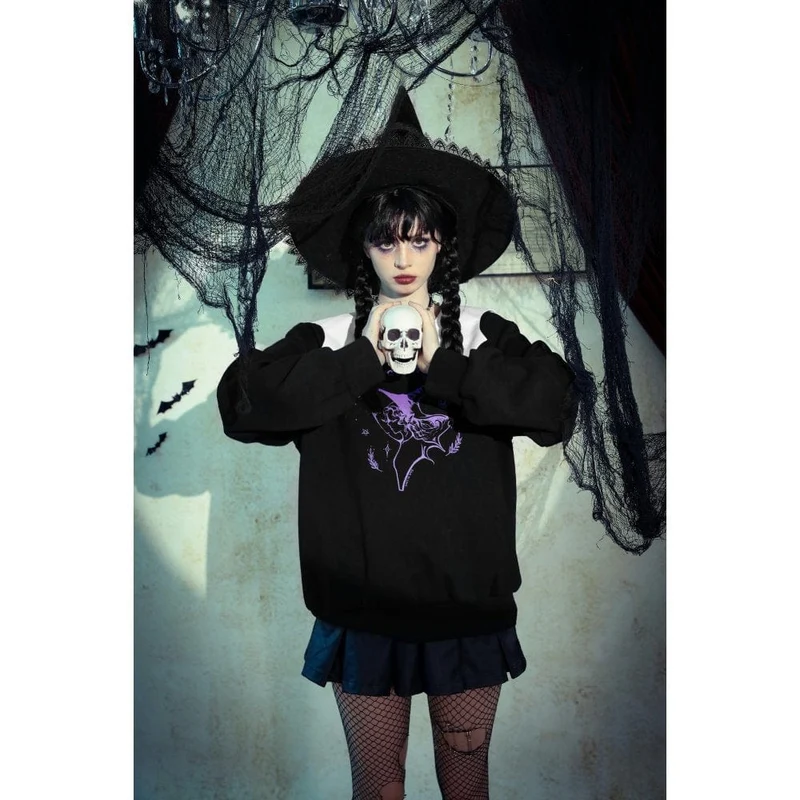 Damen Punk Batwing Sweatshirt Schwarz Weiß