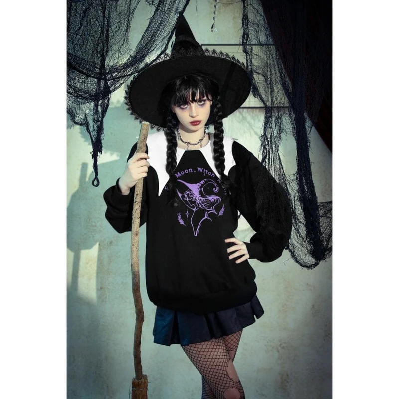 Damen Punk Batwing Sweatshirt Schwarz Weiß