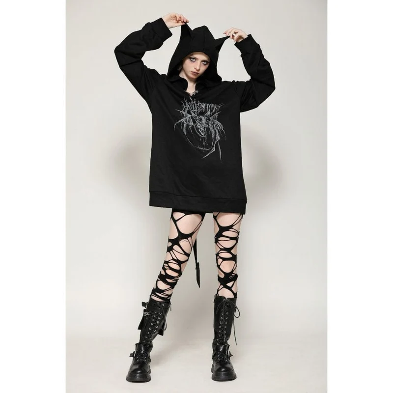 Damen Punk Star Nieten Fledermausohren Hoodie