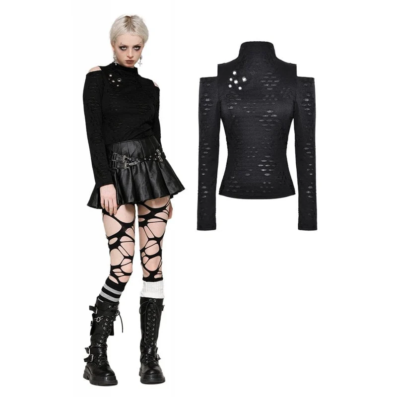 Langärmlige Bluse mit Punk-Optik und zerrissenen Ösen für Damen