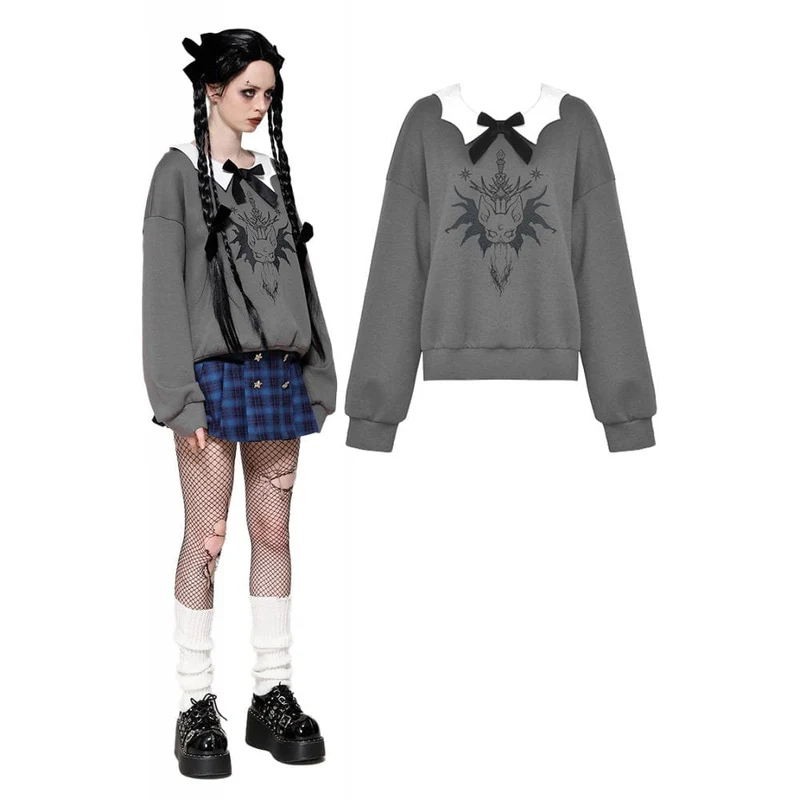 Damen Grunge Bowknot Bat Sweatshirt Grau