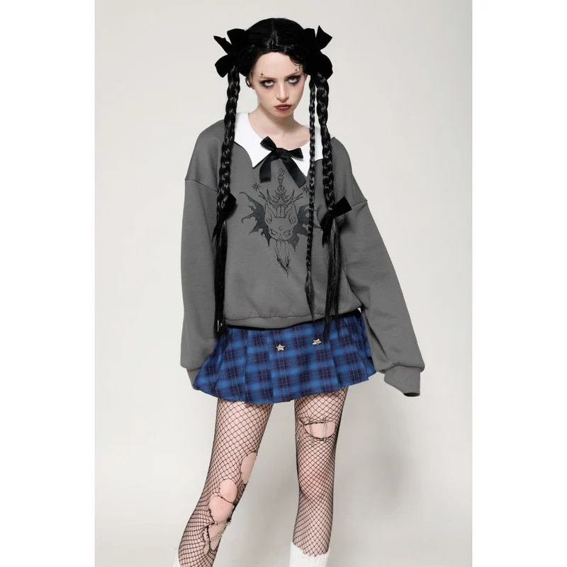 Damen Grunge Bowknot Bat Sweatshirt Grau