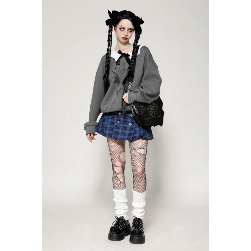 Damen Grunge Bowknot Bat Sweatshirt Grau