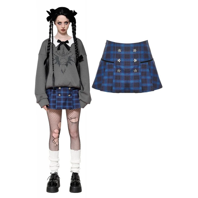 Damen Grunge Stars Plaid Kurzrock Blau