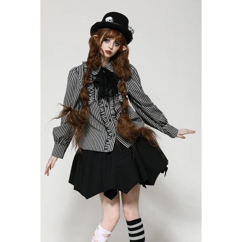 Gothic Lolita Gestreiftes Langarmhemd für Damen Grau