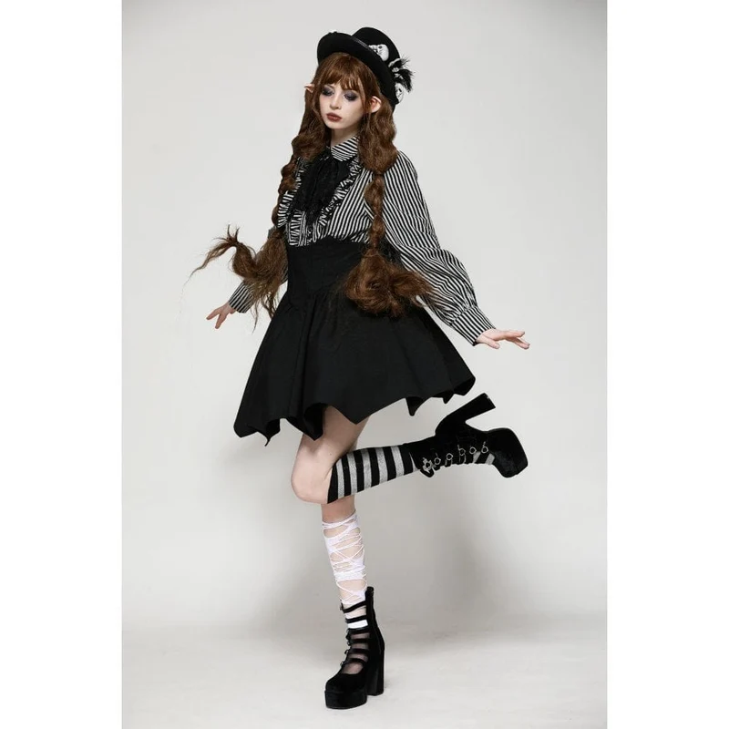 Gothic Lolita Gestreiftes Langarmhemd für Damen Grau
