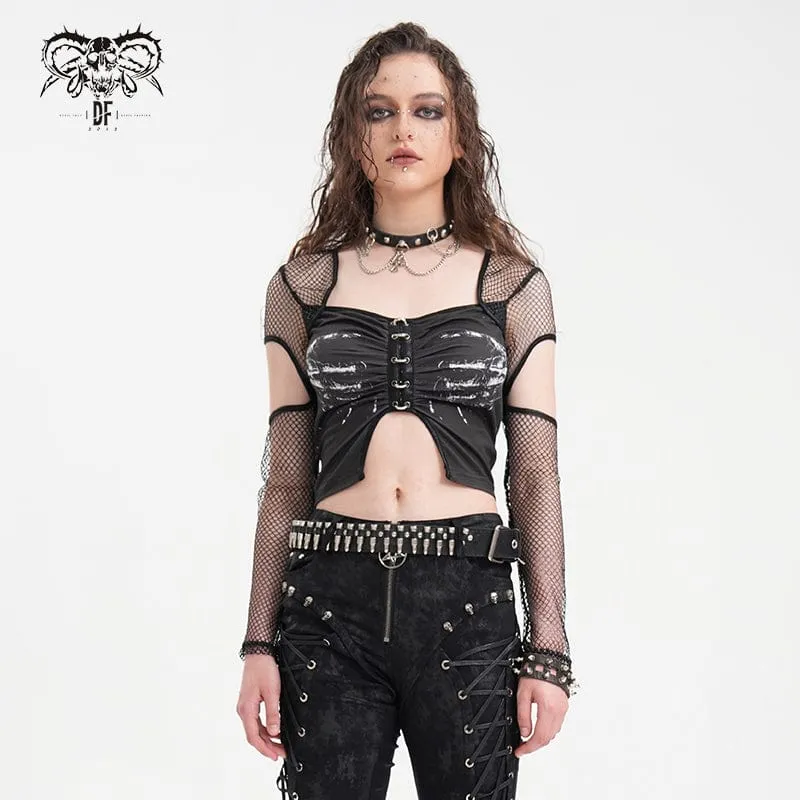 Langärmliges Punk-Crop-Top aus Mesh mit Cut-outs für Damen