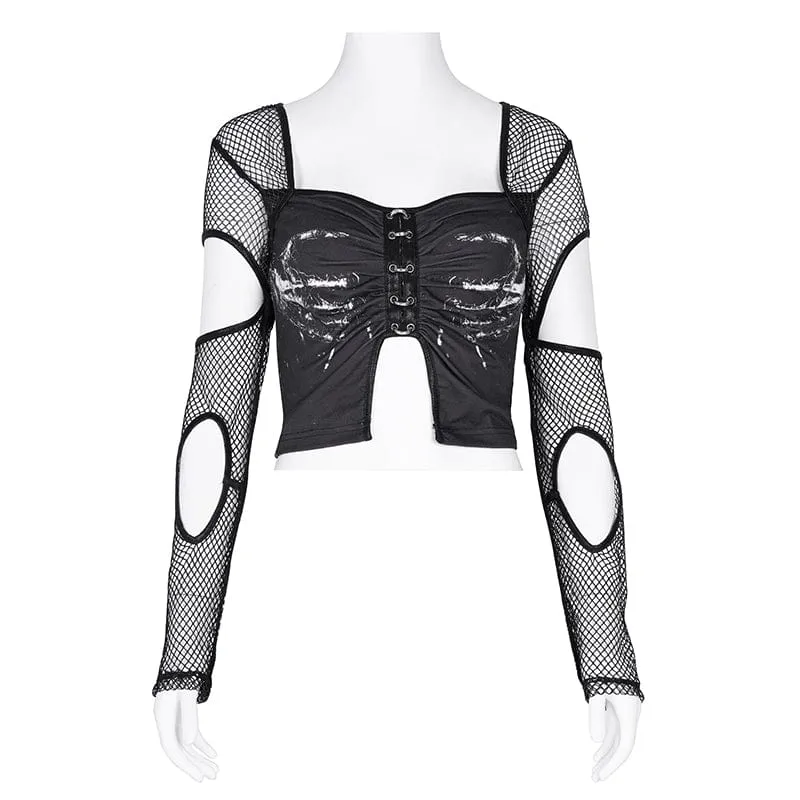 Langärmliges Punk-Crop-Top aus Mesh mit Cut-outs für Damen