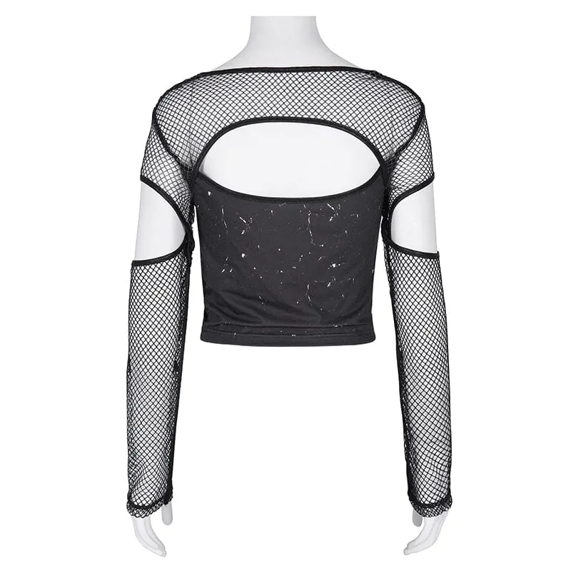 Langärmliges Punk-Crop-Top aus Mesh mit Cut-outs für Damen