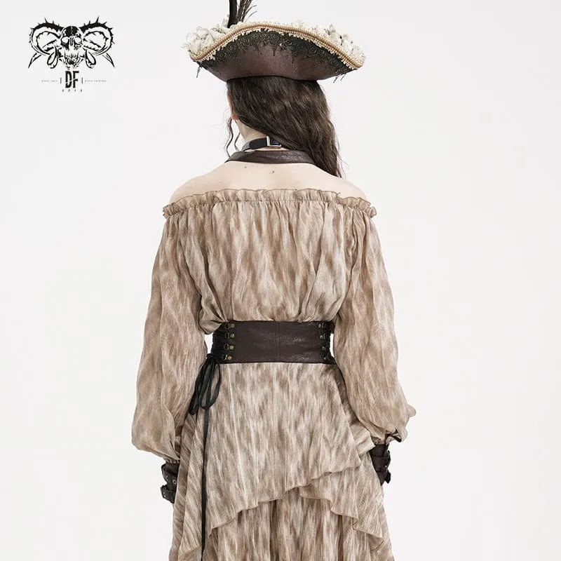 Damen Steampunk Schnallen Neckholder Langarm Blusen Kaffee