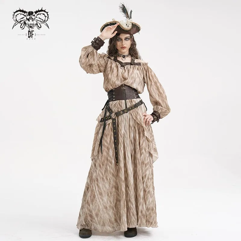 Damen Steampunk Schnallen Neckholder Langarm Blusen Kaffee