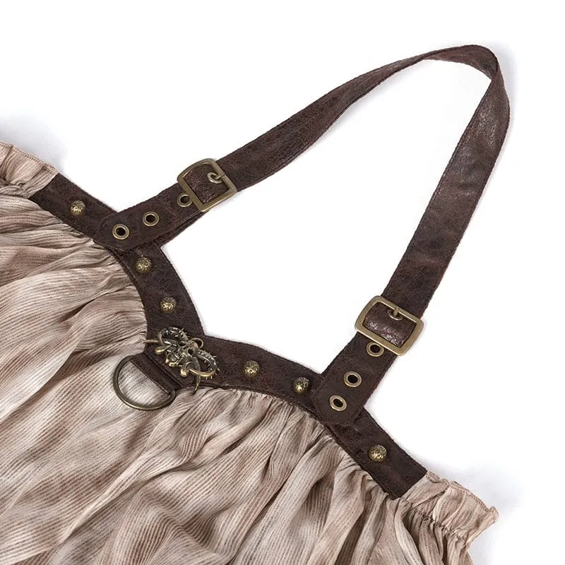 Damen Steampunk Schnallen Neckholder Langarm Blusen Kaffee