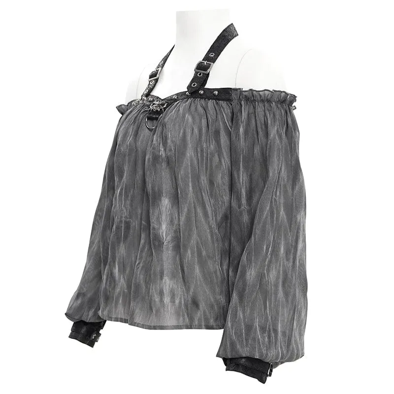 Gothic Neckholder-Langarmblusen mit Schnalle für Damen