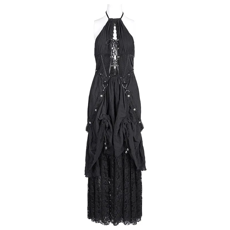 Gothic Maxikleid mit Cut-out und Spitzenträgern für Damen