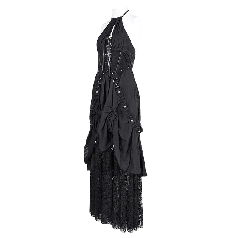 Gothic Maxikleid mit Cut-out und Spitzenträgern für Damen
