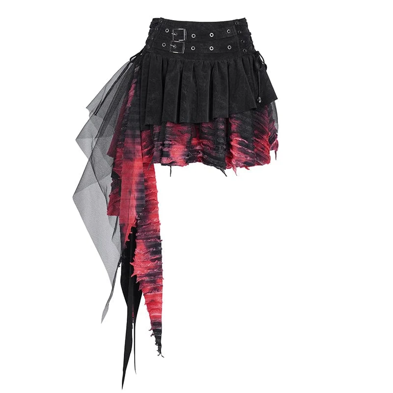 Damen Gothic Ösen Mesh Unregelmäßiger Saum Rock Schwarz Rot