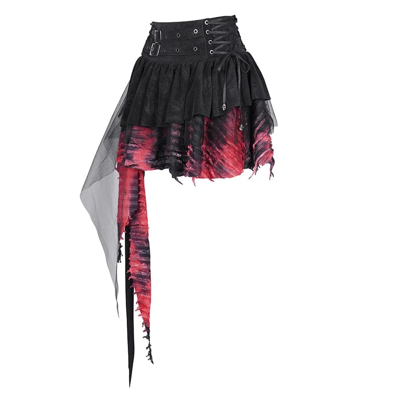 Damen Gothic Ösen Mesh Unregelmäßiger Saum Rock Schwarz Rot
